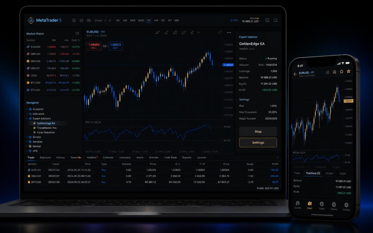 MetaTrader 4 e MetaTrader 5 rodando o robô no computador e no celular
